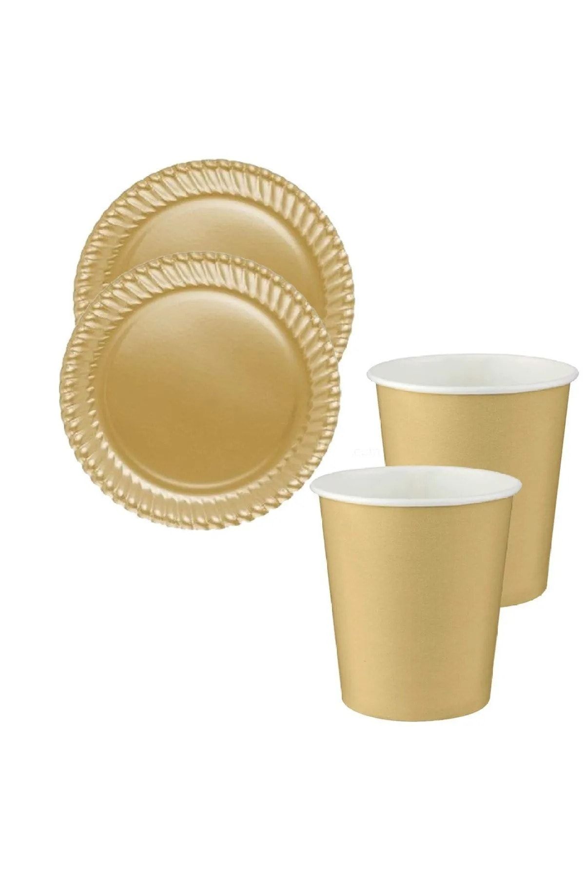 a k n concept Gold Gold Color Disposable 8 Pieces 22 Cm Birthday Party Cardboard Plate Cup Set