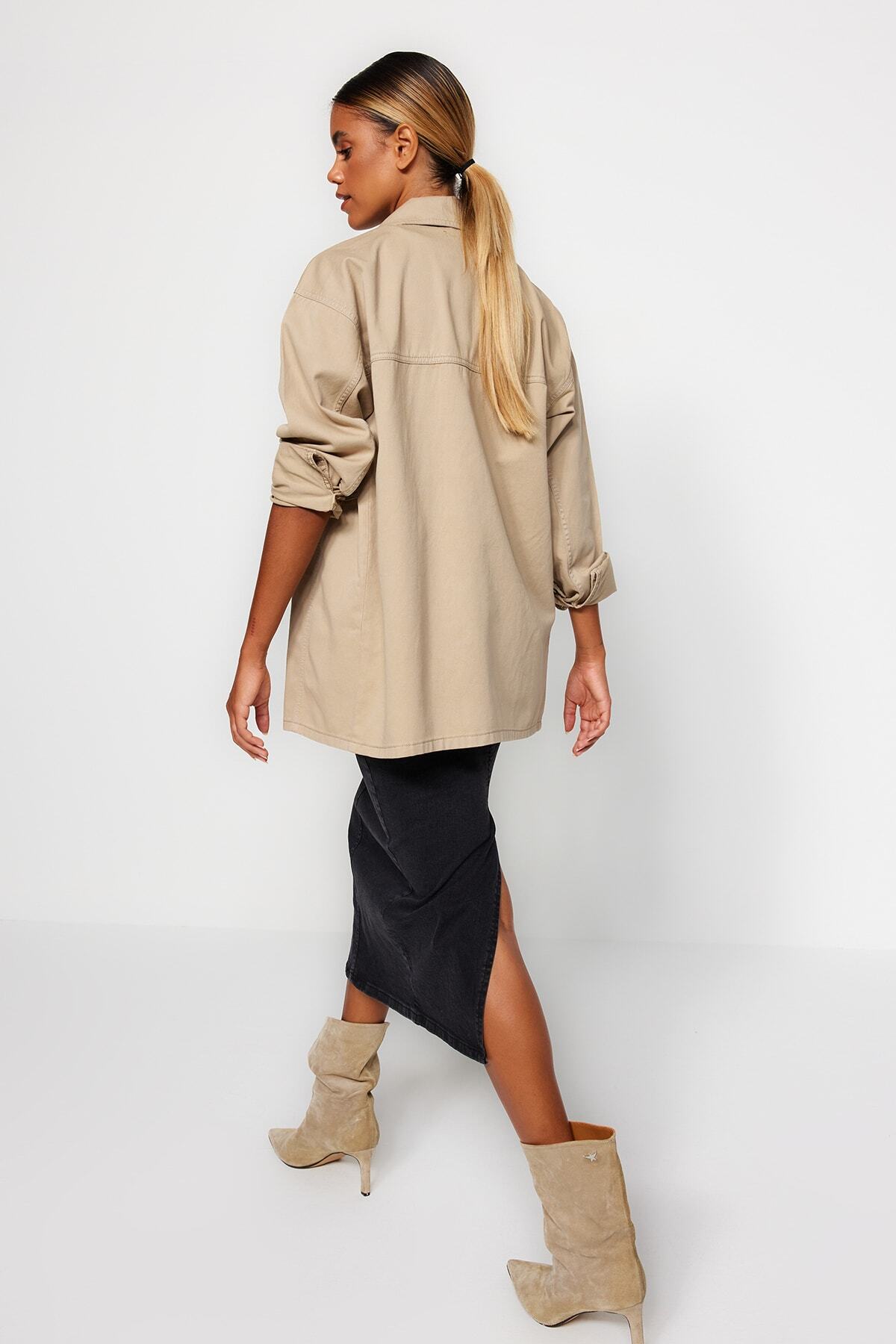 Trendyol Collection-Fekete, állítható varrás, részletes Midi ceruza farmer szoknya TWOAW24ET00057 3