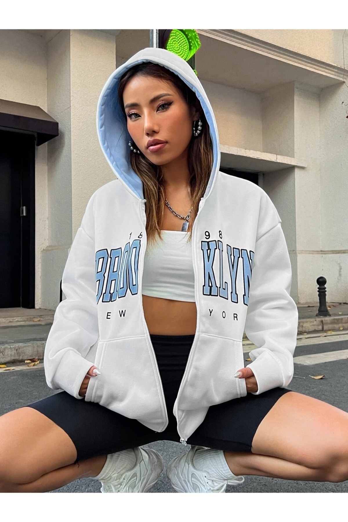 Machetta Büyük Beden Unisex Beyaz Renk Fermuarlı Bebe Mavi Brooklyn Baskılı 3 İplik Polar Hırka / Ceket görsel 6