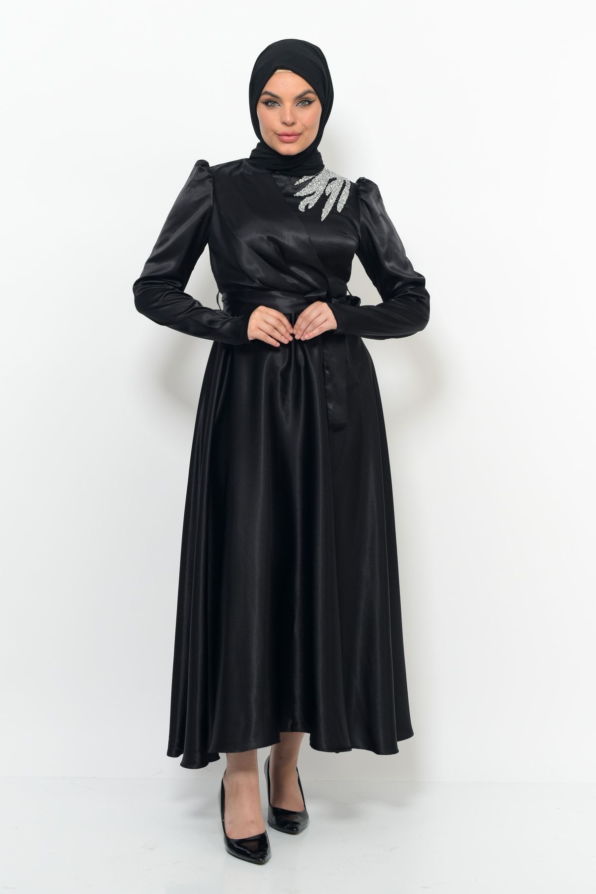 Matik Abiyem-Rochie de designer din satin cu pietre pe umeri Rochie de seara 5