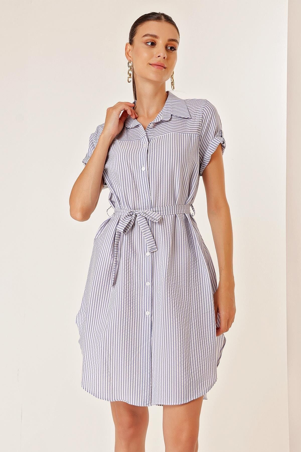 Blue seersucker dress womens clearance