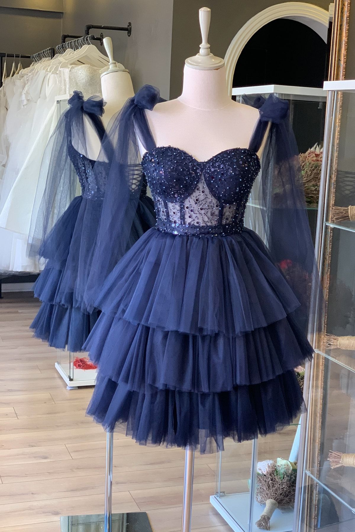 Dark blue short prom dresses store