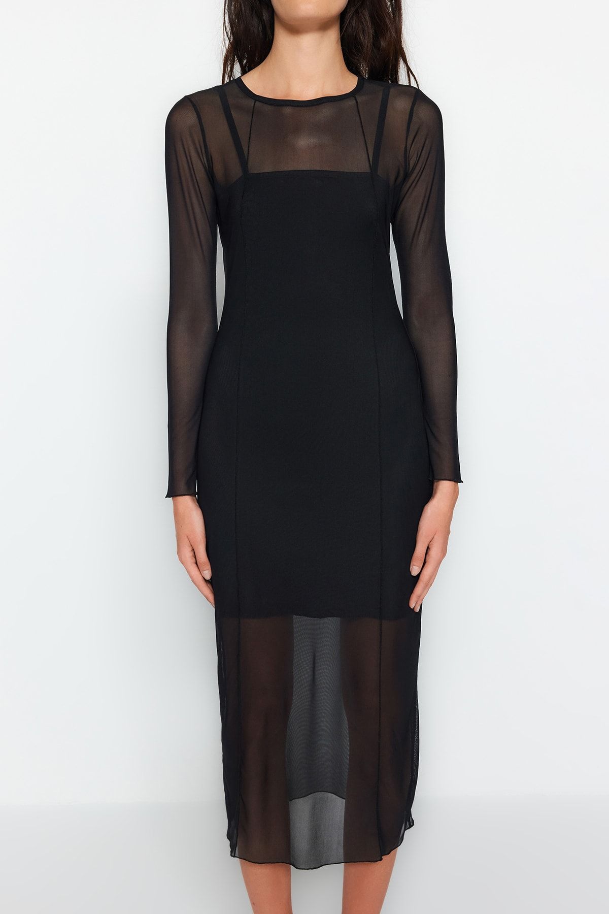 Trendyol Collection-Rochie Midi tricotată cu căptușeală din tul negru TWOAW24EL00164 4