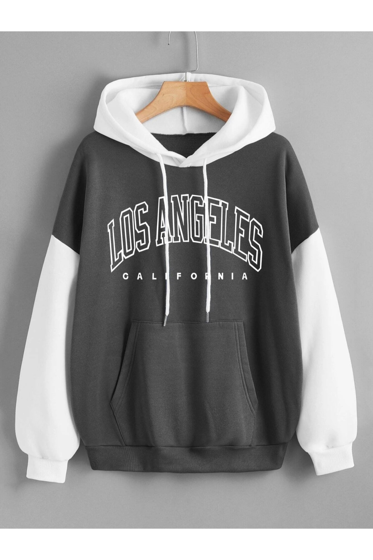 Keywest Parçalı Los Angelas Baskılı Oversize 3 İplik Kapüşonlu Cepli Antrasit-Beyaz Sweatshirt/Hoodie