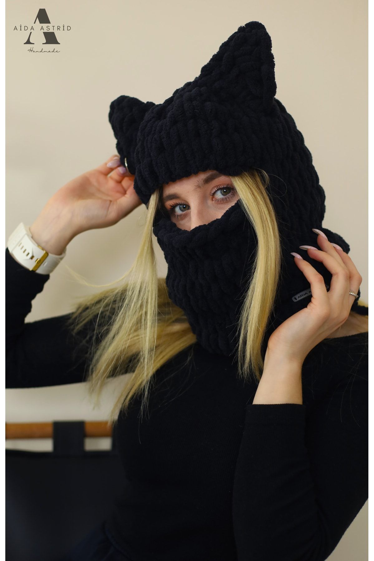 AidaAstrid Snow Mask Animal Figure Hat with Cat Ears Black Hat Puffy Beanie Ski Snowboard Balaclava Trendyol