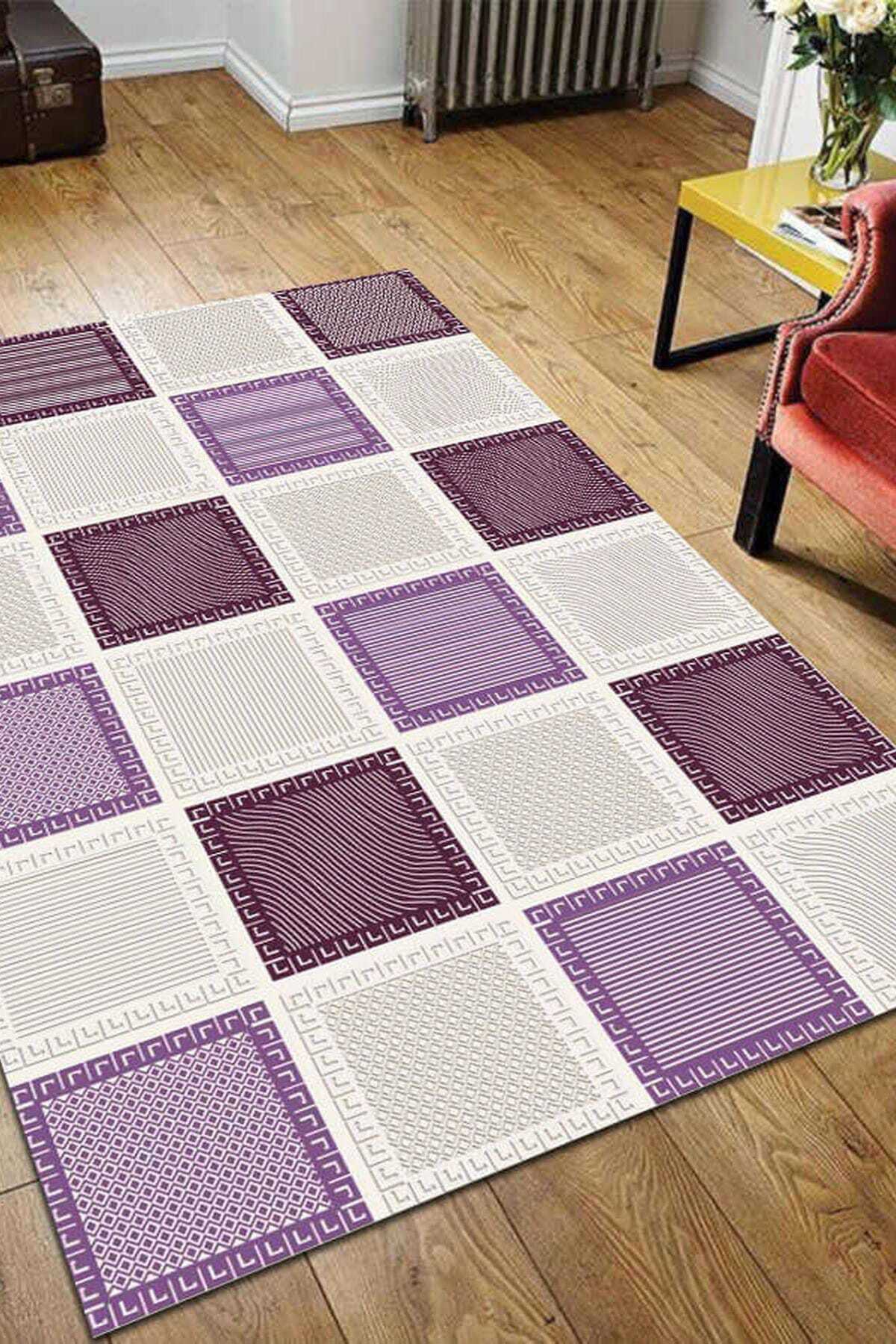 decoplus 150x235 cm dijital baskili lastikli hali ortusu ekose ek13 mor murdum fiyati yorumlari trendyol
