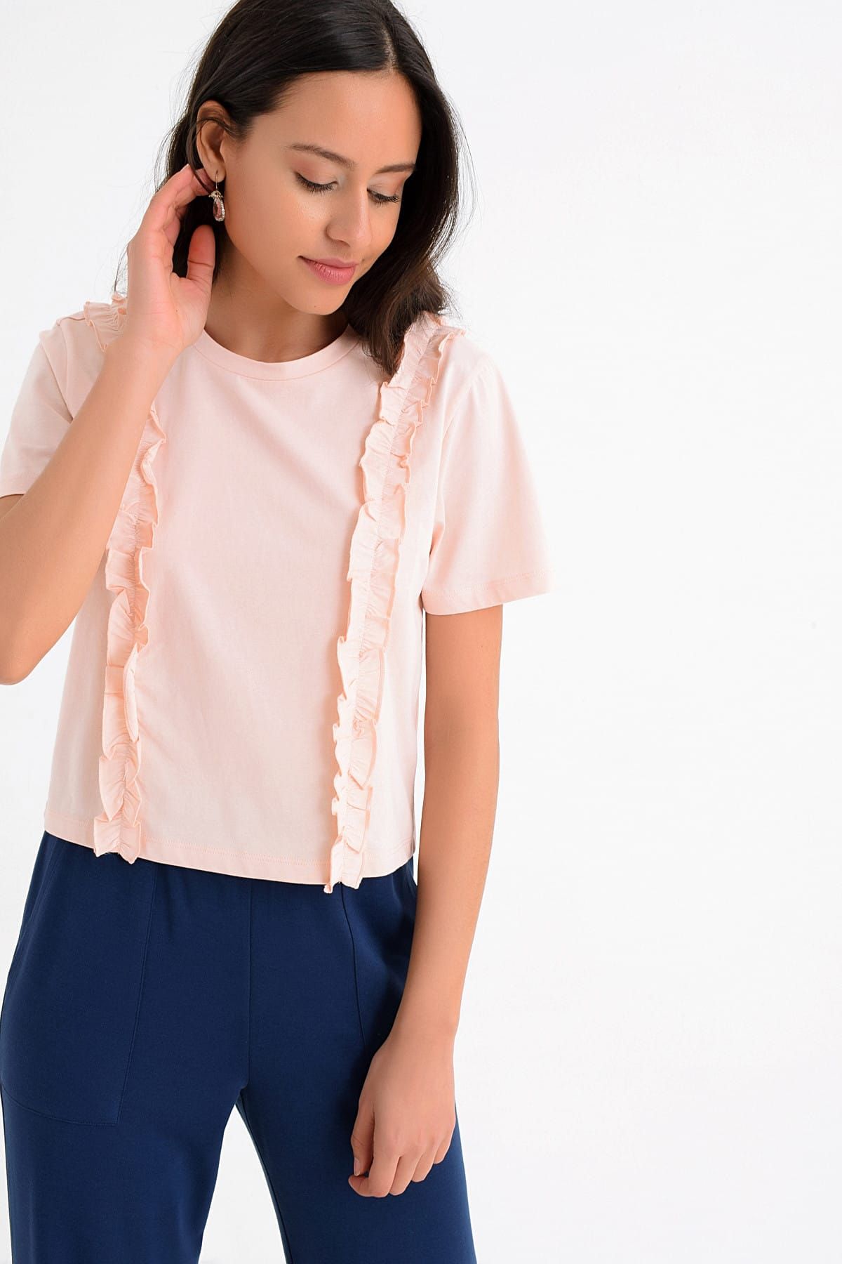 Hanna's by Hanna Darsa-Women's Salmon Frilly Neck Hanna's Embroidered T-shirt Hn1663 3