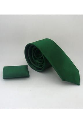 Zümrüt Yeşil Slim Fit (ince) Düz Renk Mendilli Saten Kravat - SS-28 SSV1-KLD
