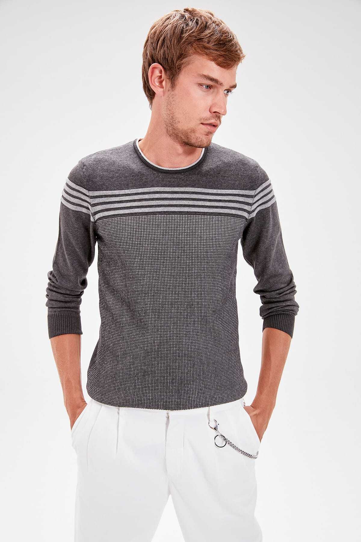 Trendyol Collection-Pulover de tricotaj cu dungi în dungi antracit - Gât crew TMNAW20IY0001 11