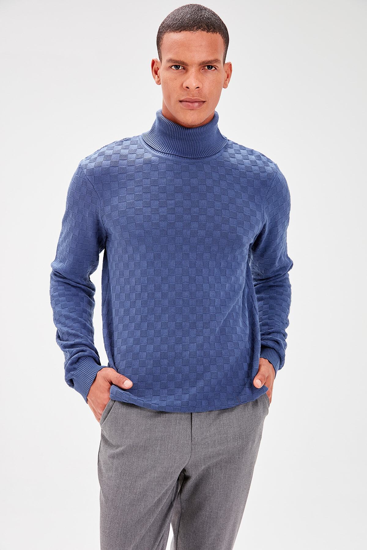 Trendyol Collection-Светр з фактурною в'язкою з водолазкою Indigo TMNAW20VK0004 6