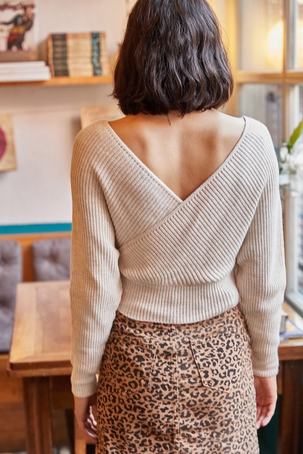 Olalook-Damen Strickpullover mit V-Ausschnitt und Knopfleiste vorne und hinten in Steinoptik KZK-19000076 5