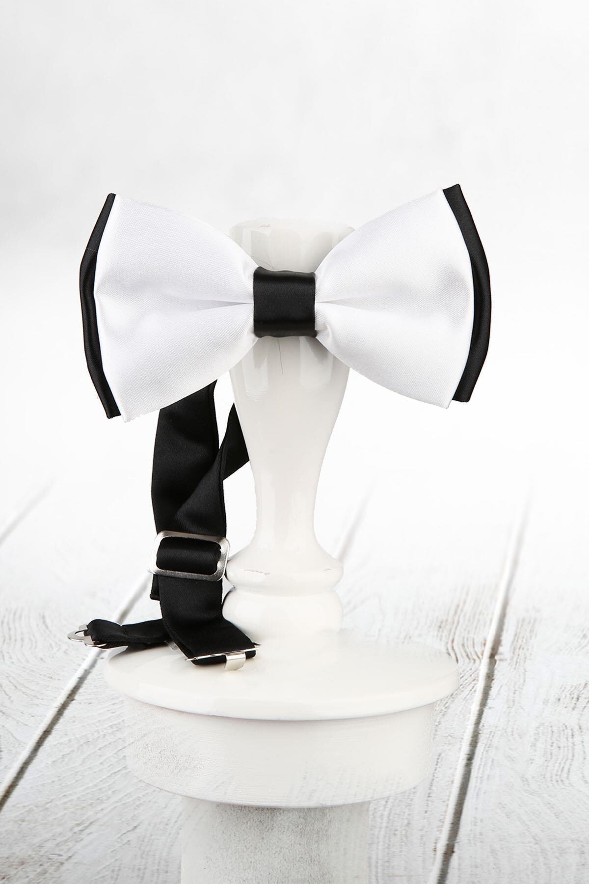 Kravatkolik Erkek Beyaz - Siyah Renk Saten Papyon SP55