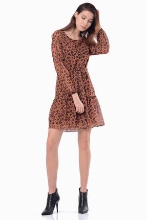 Kadın Kahverengi Leopar Eteği Fırfırlı Şifon Elbise 5302-AZ
