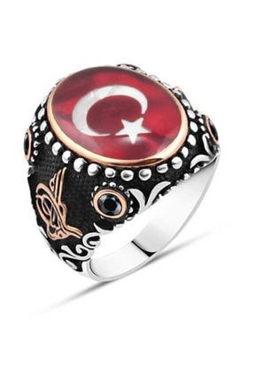 925 Ayar Gümüş Mineli Türk Bayraklı Tuğra Model Erkek Yüzük 12646494