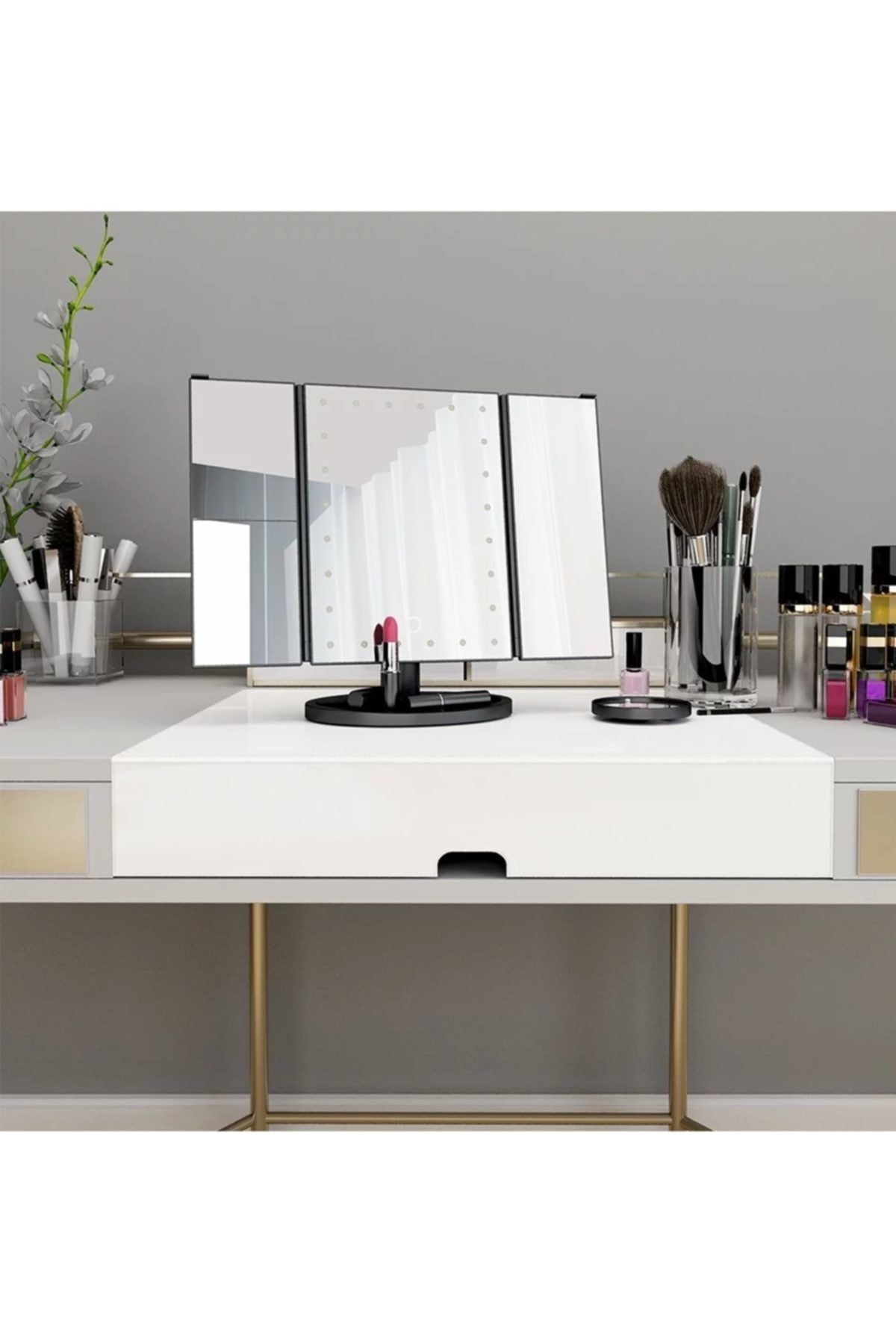 LAND OF MYTH-Magnifying Makeup Mirror with 24 LED Lights, 3 Panels, Foldable, Touch Sensor (black) 5