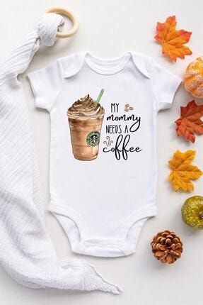 Unisex Bebek Beyaz Mommy Needs Coffee Frappe Kısa Kollu Çıtçıtlı Body Zıbın Coffee55