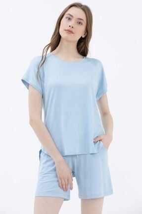 Kadın Mavi Yarasa Kol Arkası Uzun Tshirt - 21Y2231-75587.0001-R0800