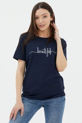 Kadın Lacivert Baskılı Kısa Kol Tshirt - 21Y2231-75595.0001-R0600
