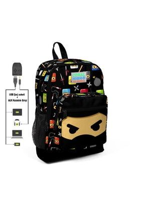 Kids Siyah Ninja Desenli Dört Bölmeli USB Şarjlı Kulaklık Çıkışlı Okul Sırt Çantası 23285 K74