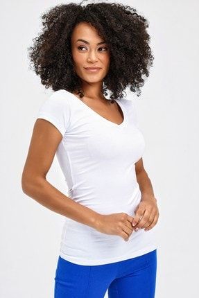 Kadın Beyaz Ön-Arka V Yaka Kısa T-Shirt 5612