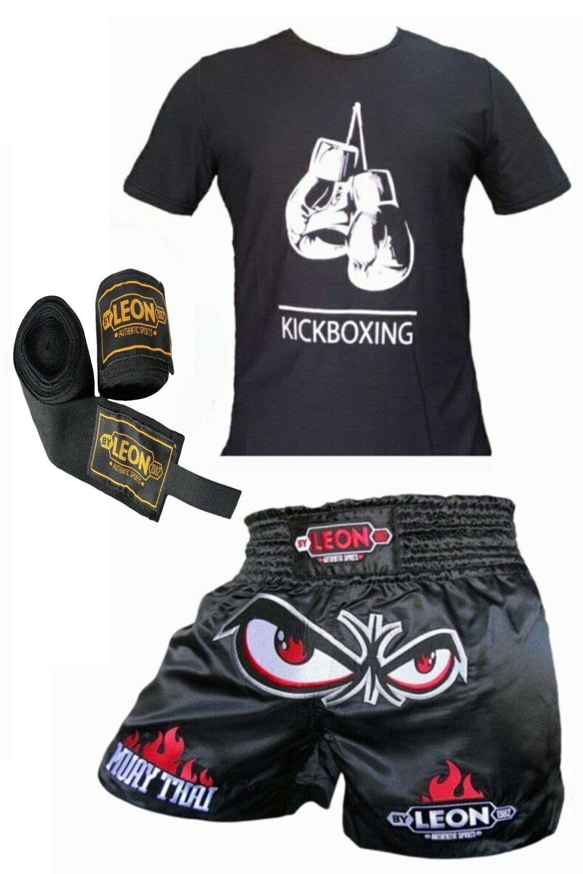 تجهیزات بوکس مشکی Kickboxing ، Boxing Thai T Shirt Shorts Set 3.5 متر مجموعه باند By Leon 1982