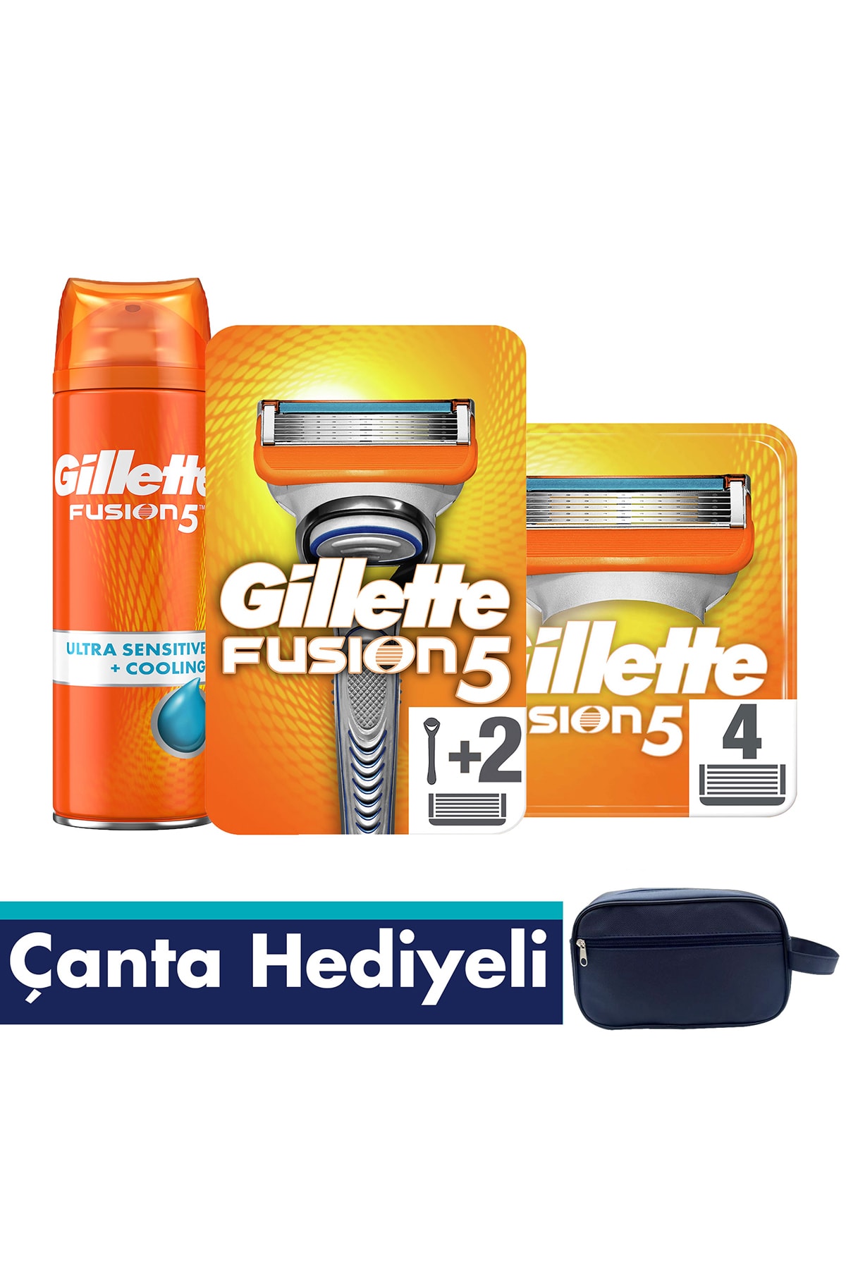 Gillette Fusion Tıraş Makinesi Yedekli + Yedek Bıçak 4'lü + Jel 200 ml + Çanta