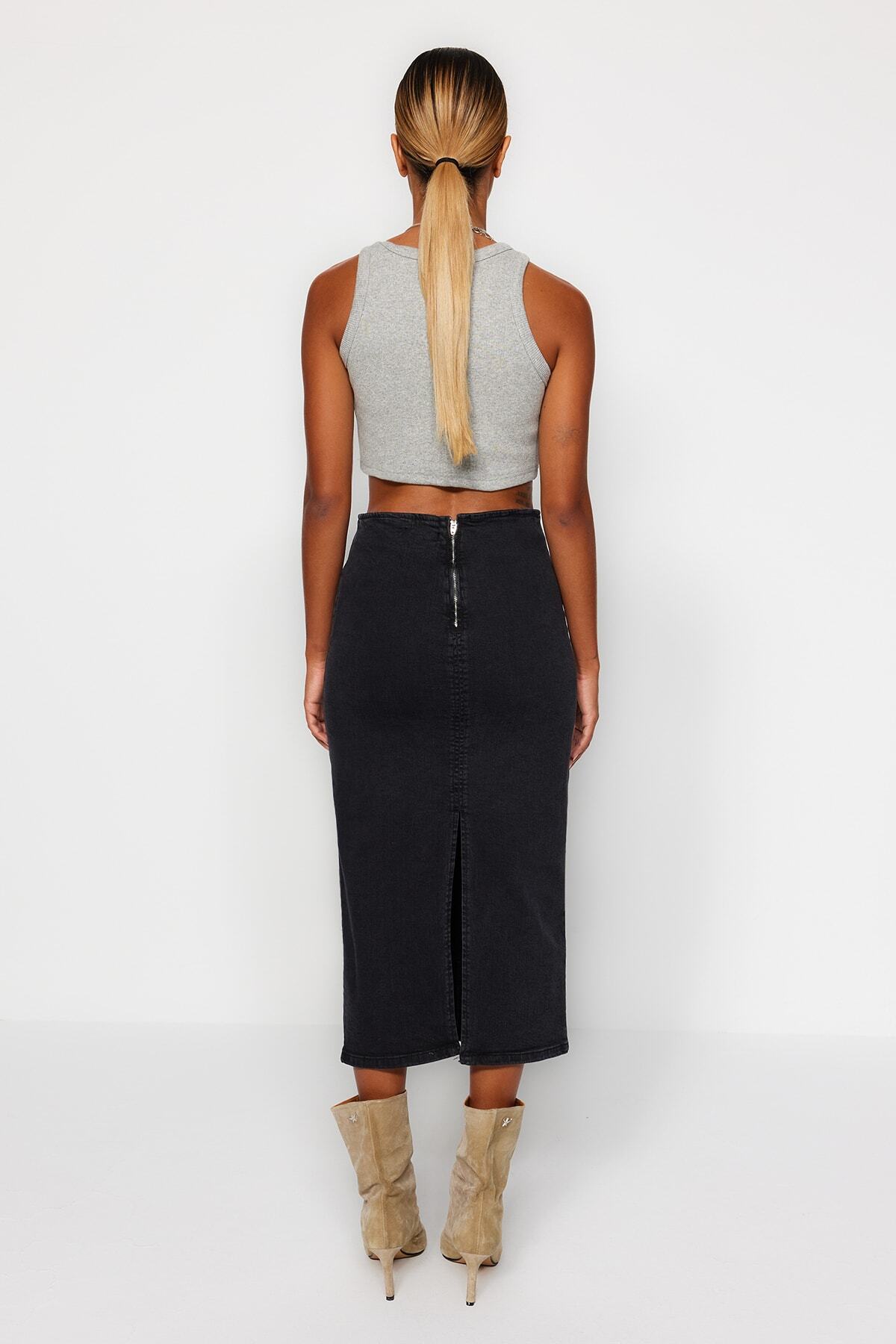 Trendyol Collection-Fekete, állítható varrás, részletes Midi ceruza farmer szoknya TWOAW24ET00057 5