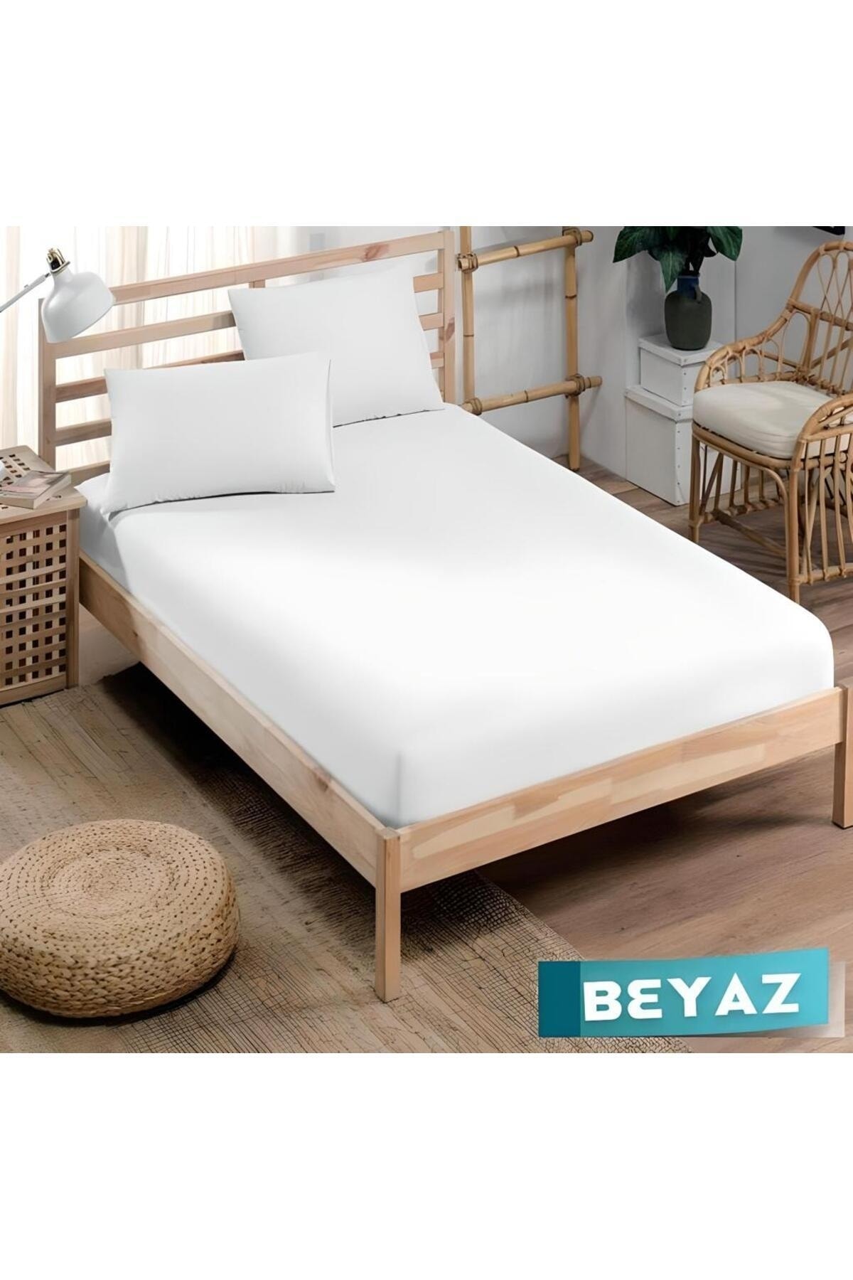 Via Evina Beyaz Lastikli Çarşaf Seti Düz Renk Pamuklu-yastık Kılıflı BATTAL Kişilik