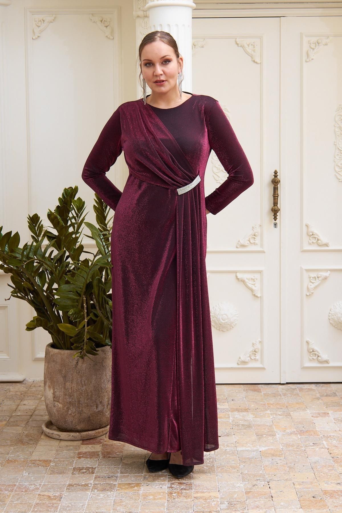 Rmg Plus Size Burgundy Long Evening Dress with Front Accessories