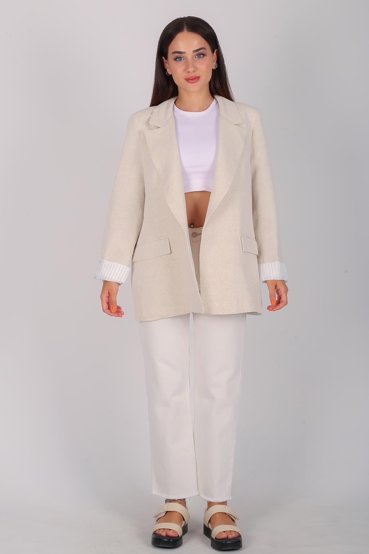 FACETTE Women's Beige Linen Blazer Jacket Trendyol