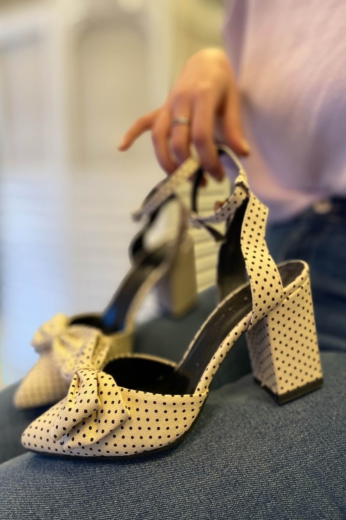 D VOLYA Deep Beige Polka Dot Bow Casual Heels Trendyol