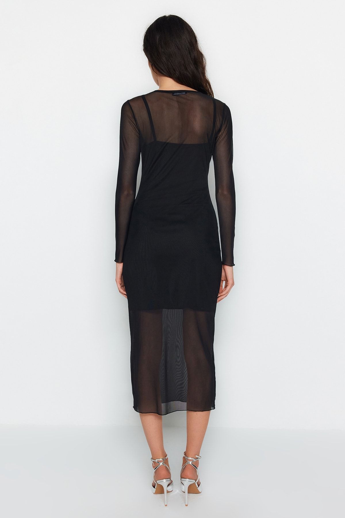 Trendyol Collection-Rochie Midi tricotată cu căptușeală din tul negru TWOAW24EL00164 5