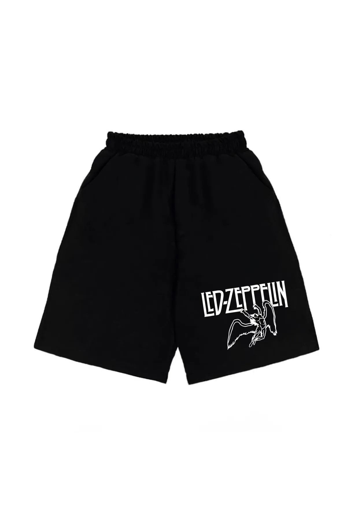 Gofeel-Black Color Led Zeppelin Patterned Unisex Combed Cotton Shorts 2