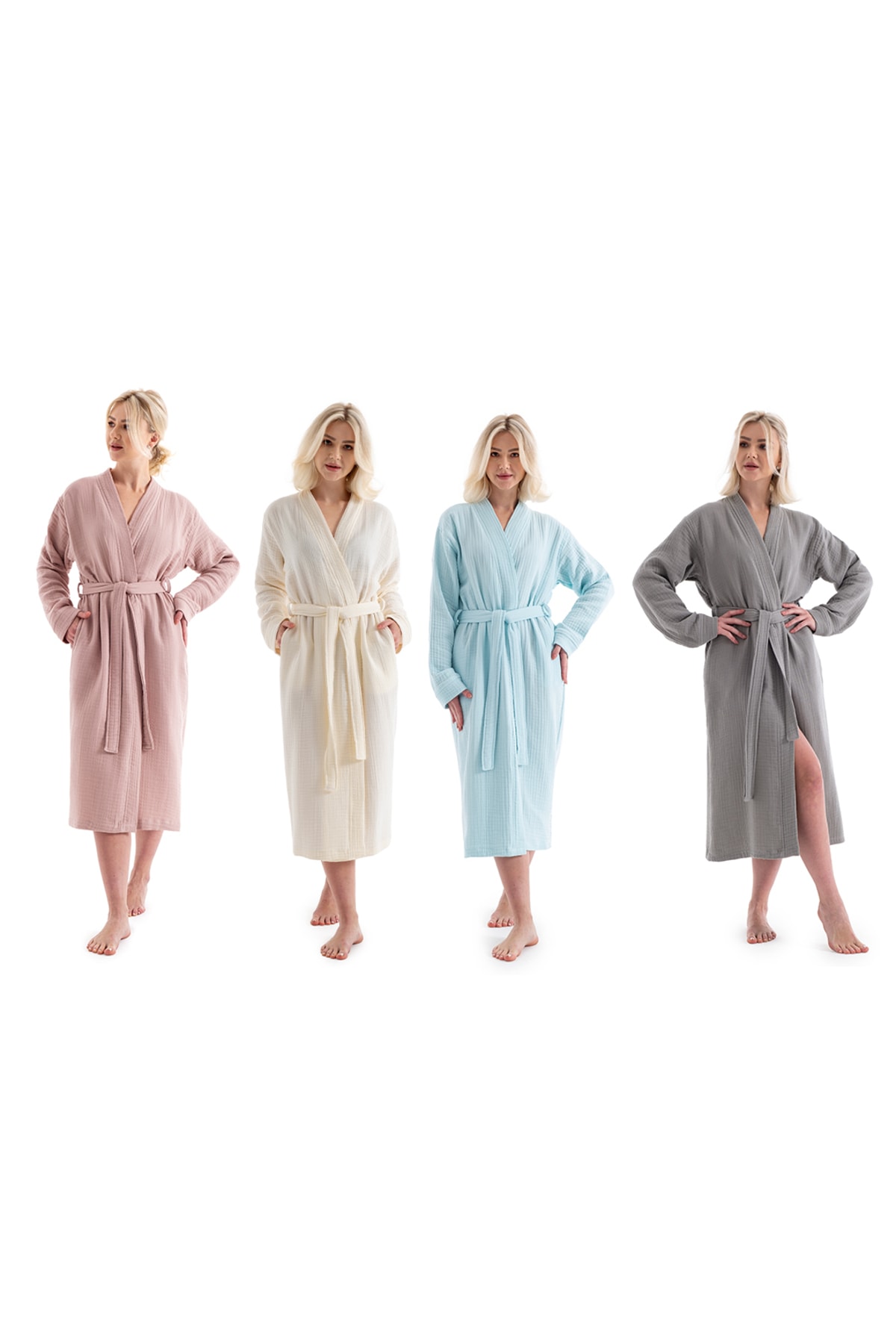 Unisex-Kimono, 4-lagiger Musselin-Bademantel, Puder - 