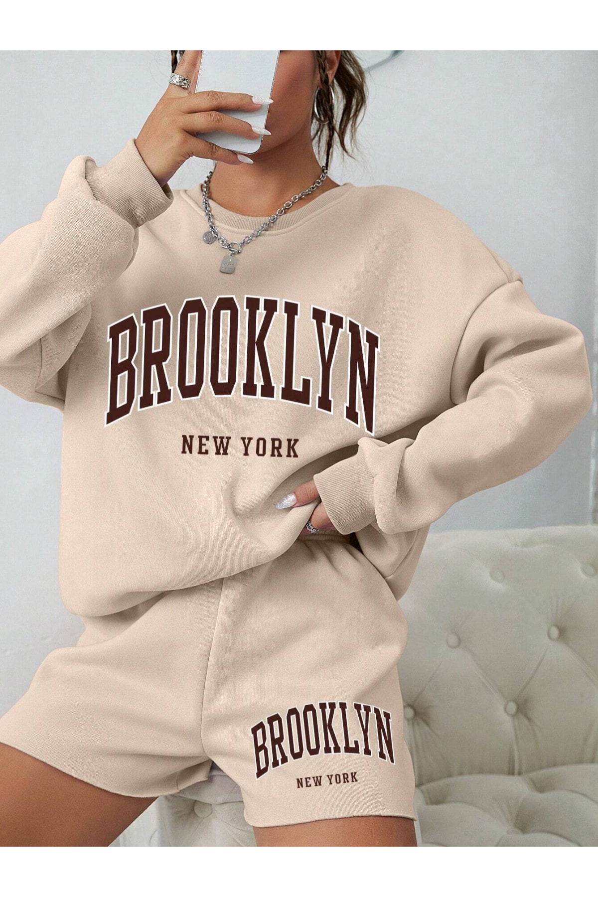 Women's Beige Set Brown Brooklyn Printed 3 Yarn Sweatshirt Shorts Set