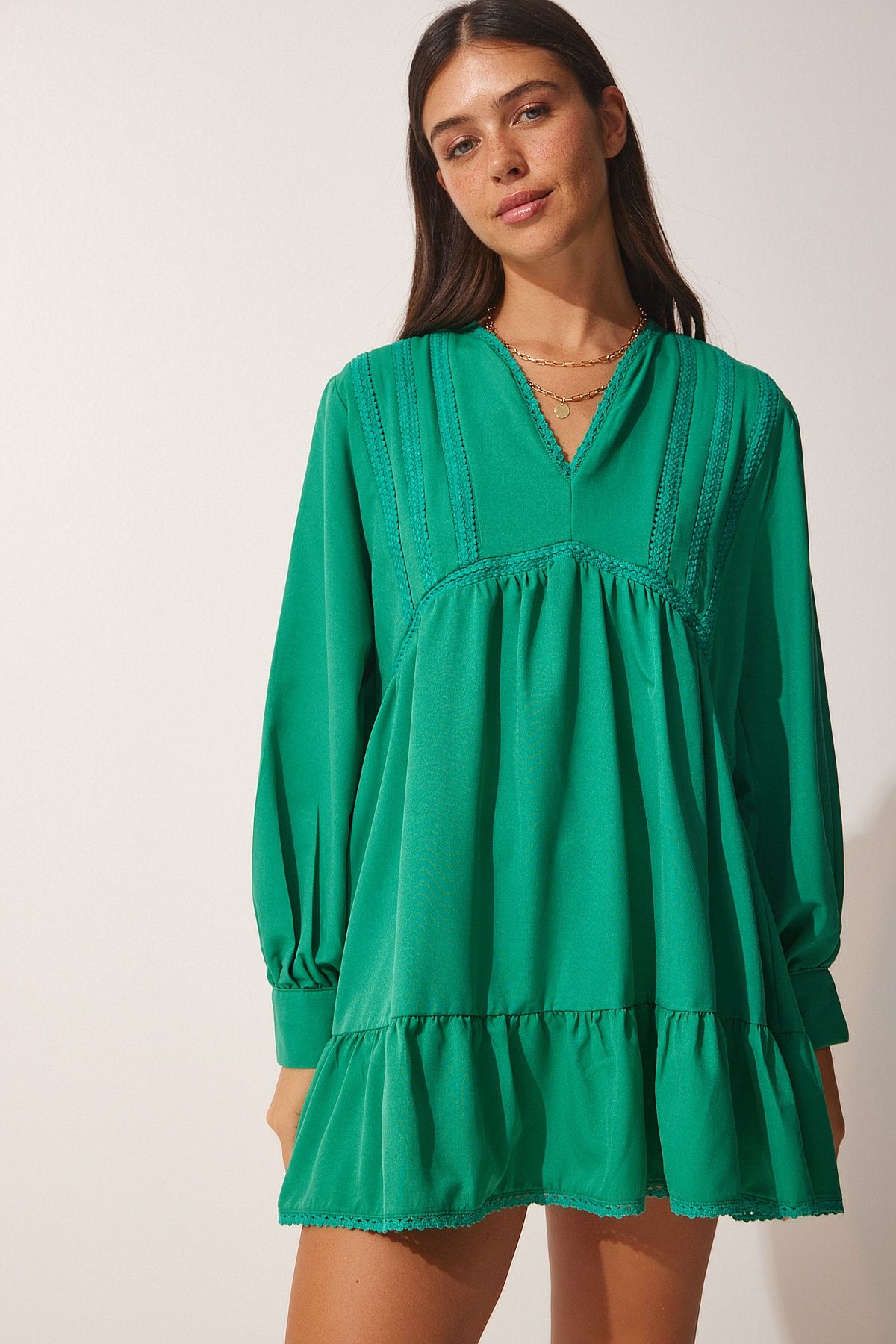 Happiness stanbul Women s Dark Green Guipure Detailed Tunic Dress