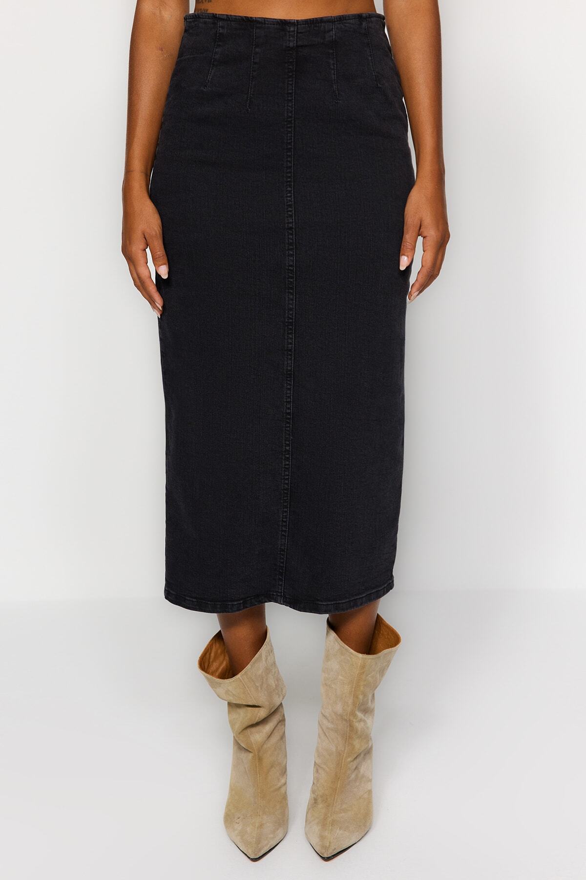 Trendyol Collection-Fekete, állítható varrás, részletes Midi ceruza farmer szoknya TWOAW24ET00057 4