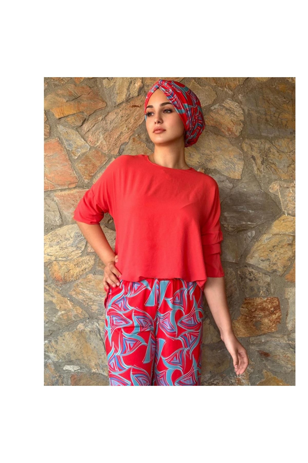 dys Patterned Padded Knot Bonnet and Palazzo Pants Set Trendyol