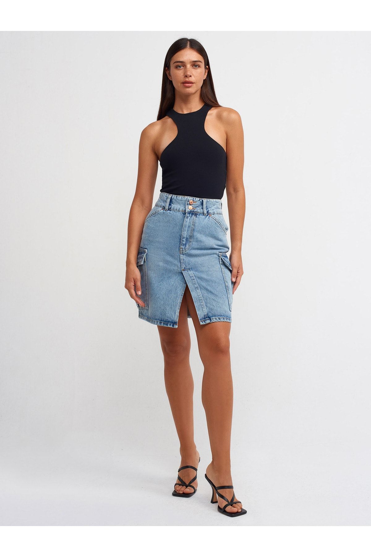 Dilvin 80548 Midi Denim Skirt with Side Pockets Blue