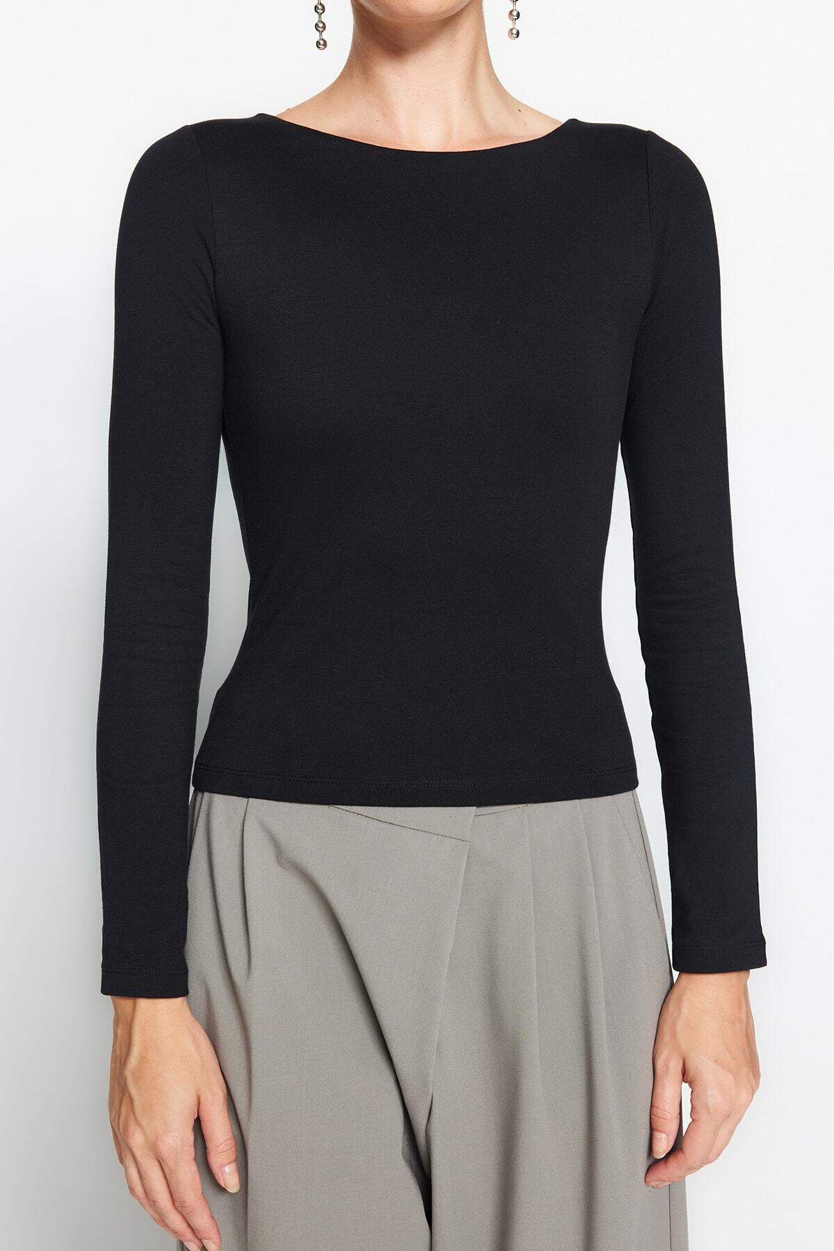 Trendyol Collection-Schwarze, dehnbare, dehnbare Strickbluse aus Baumwolle mit U-Boot-Ausschnitt TWOAW24BZ00166 4