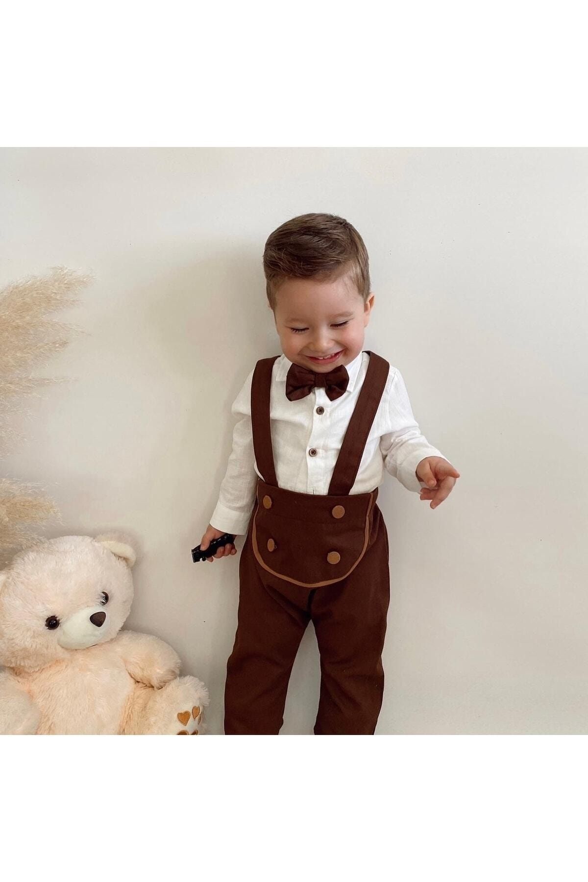 Poplinkids Düğmeli Kahve Rengi Salopet Takım  143