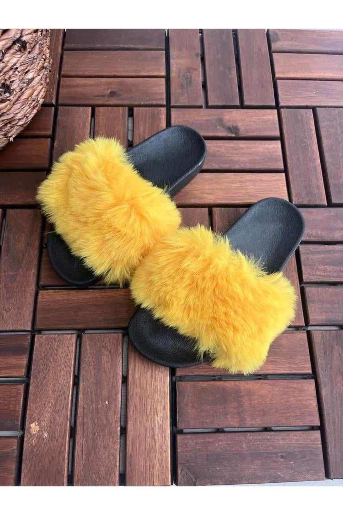Yellow faux fur slippers sales