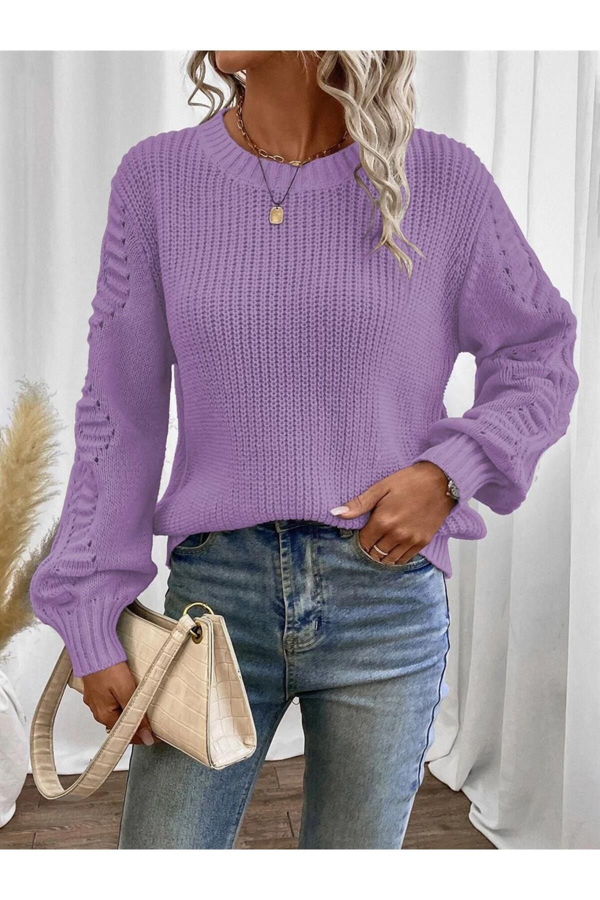OMKA BUT K Women s Selanik Knitted Sleeve Motif Crew Neck Lilac