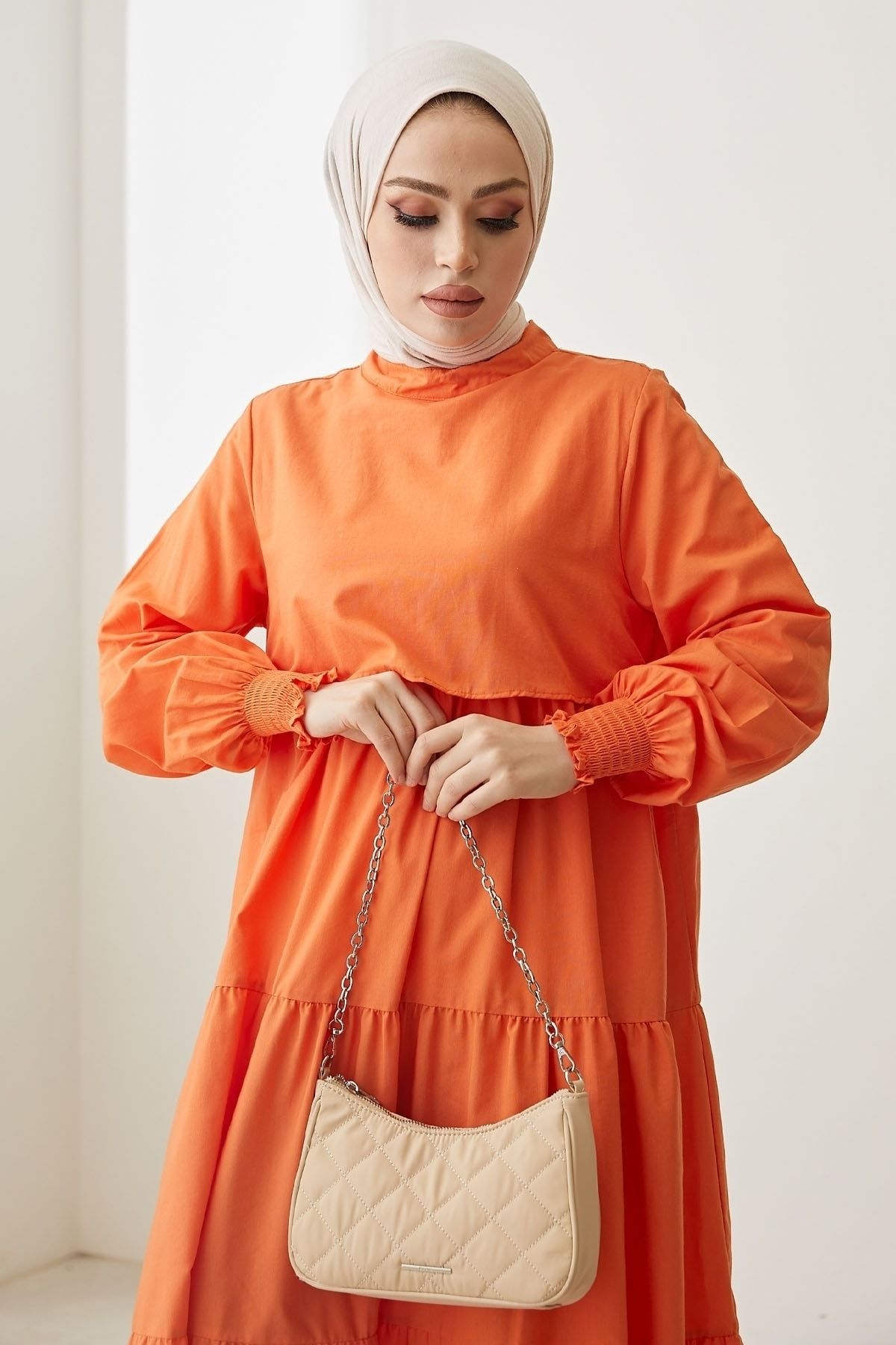 InStyle Single Layer Detailed Casual Hijab Dress Orange Trendyol