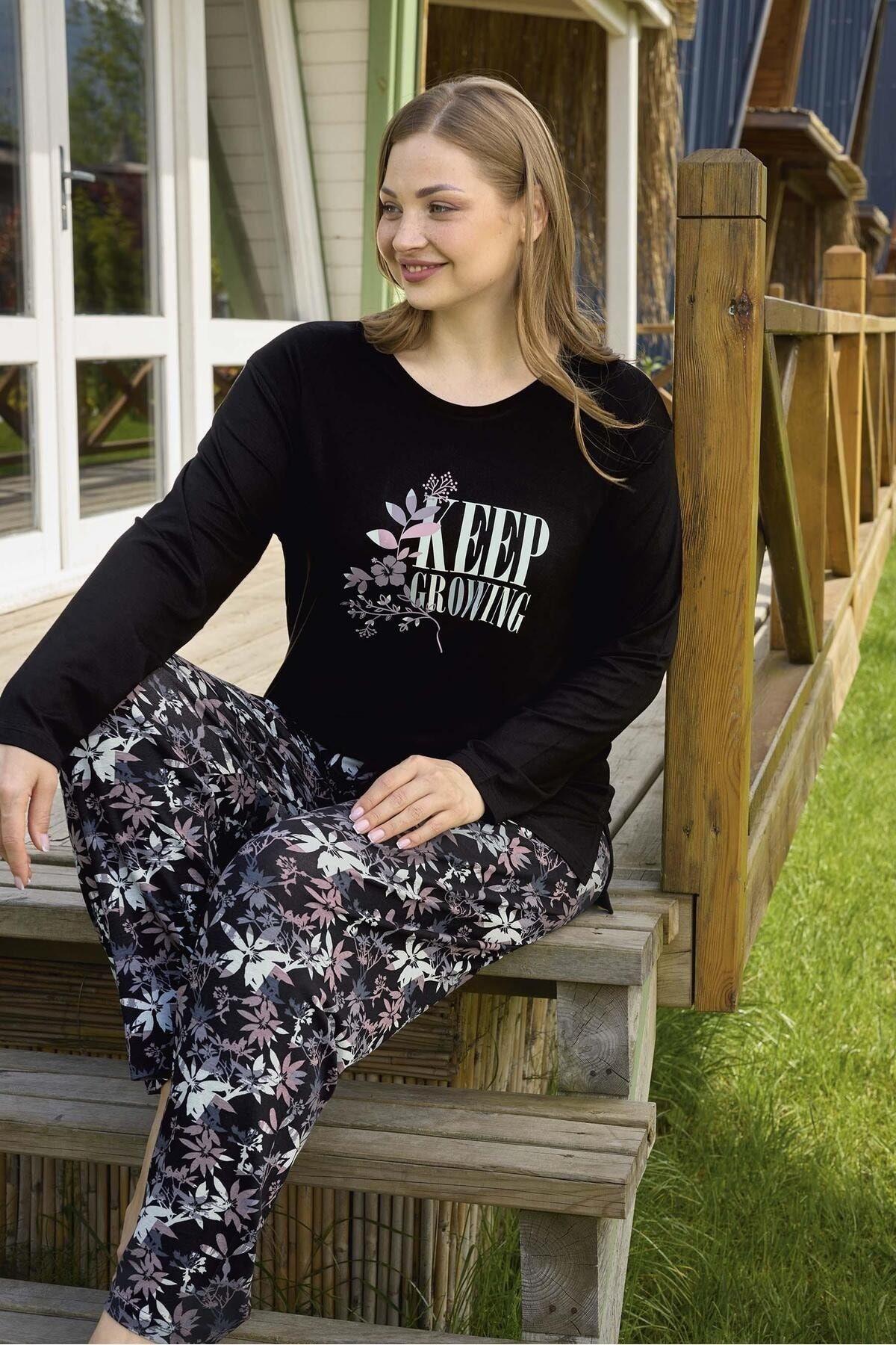 Aydo an Plus Size Pajama Set Black Patterned