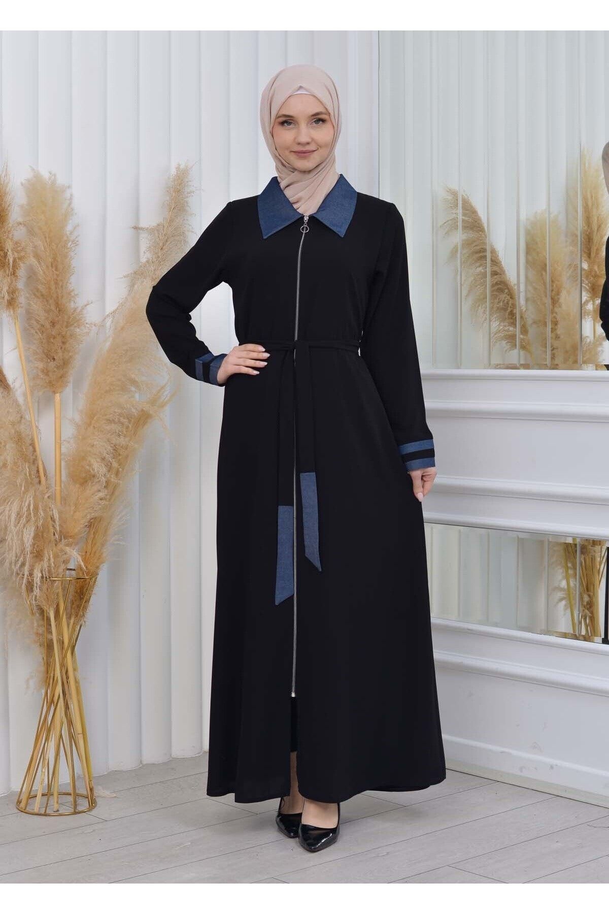 Modamix Women s Colorful Collar Belted Zippered Hijab Abaya 602