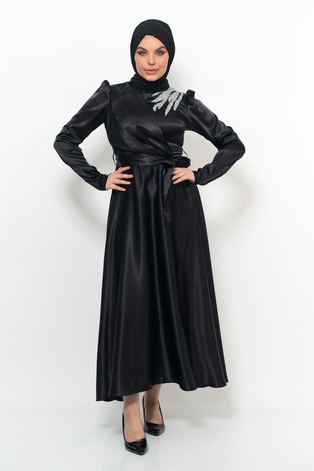 Matik Abiyem-Rochie de designer din satin cu pietre pe umeri Rochie de seara 4