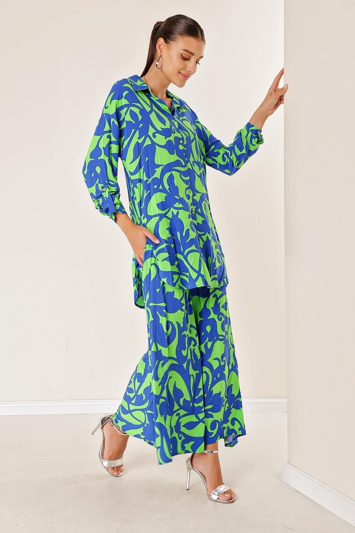 Trendyol langes Taille, Hemd, 2-teiliges Set, Paisley-Muster, - Elastische Hose, By Übergröße, Saygı Grün Taschenrock,