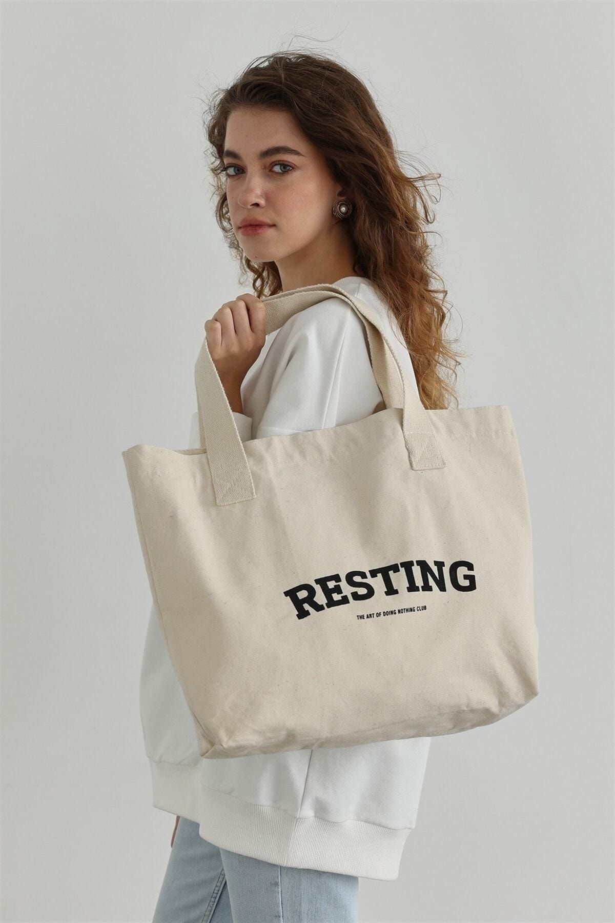 Suud Collection Ekru Resting Baskılı Kanvas Çanta