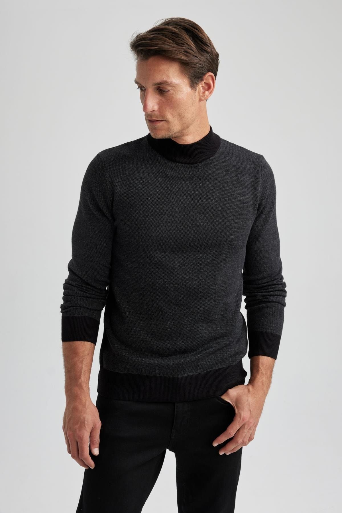 DeFacto-Regular Fit Color Block Turtleneck Sweater R9121Az23Wn 3